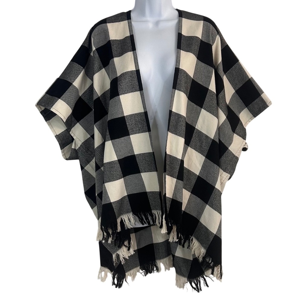 NWOT LOFT Women's M/L Buffalo Plaid Fringe Poncho Wrap Black White Open Front
